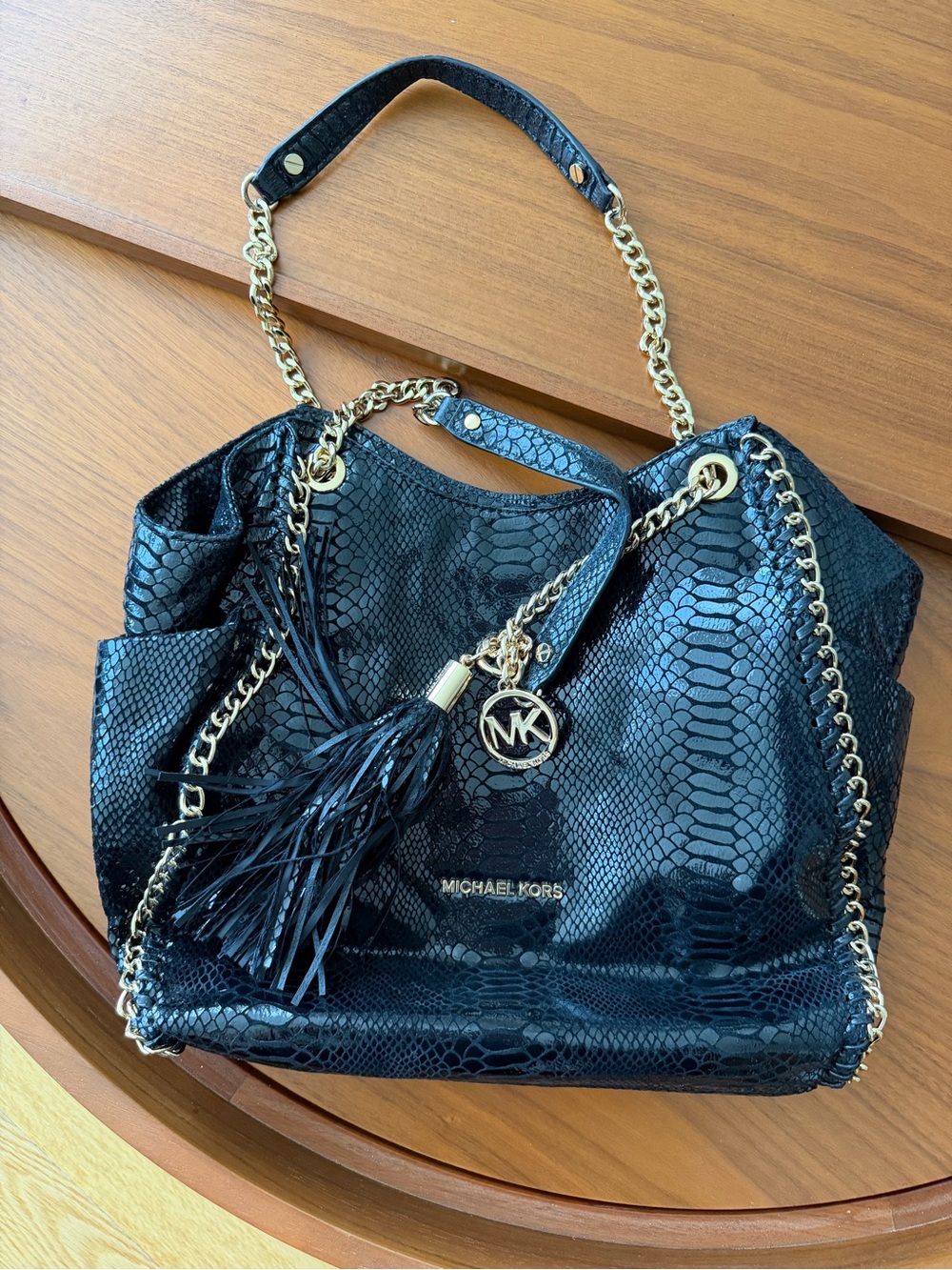 Michael Kors Black Snake-Embossed Shoulder Tote with Gold Chain